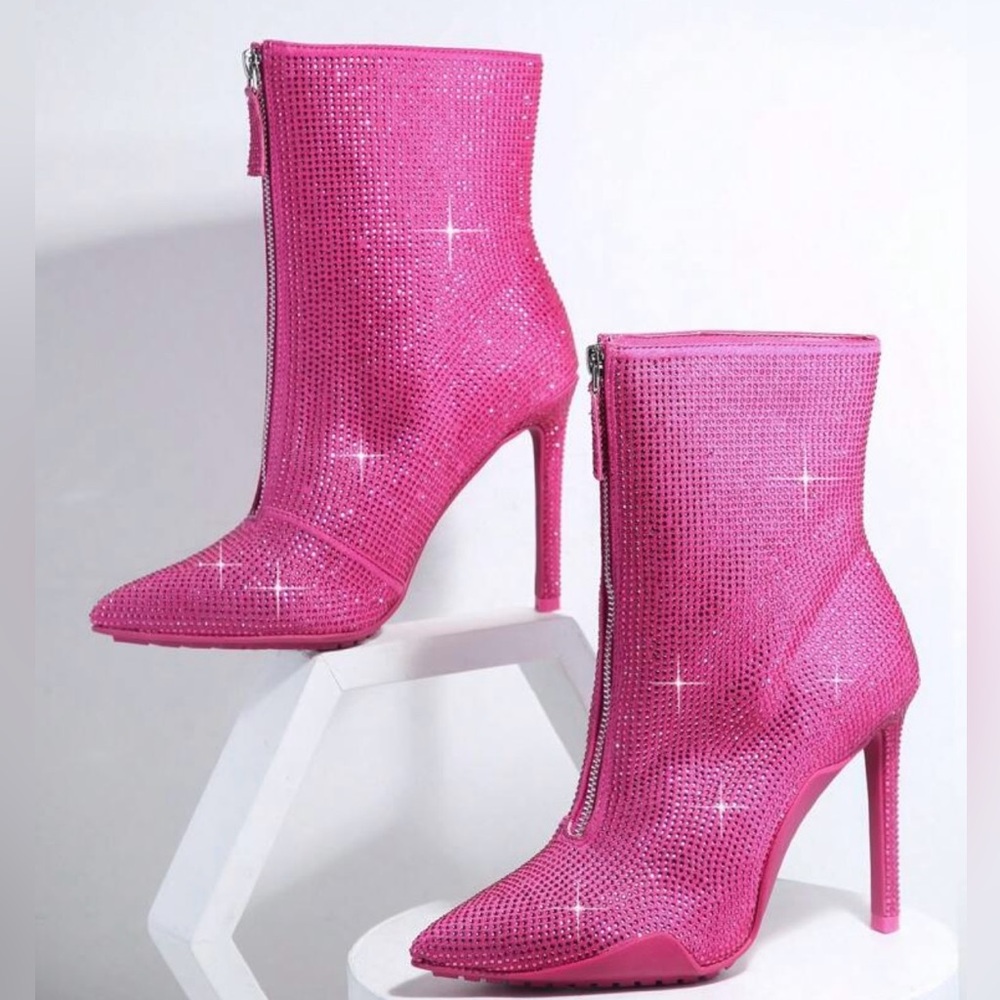 Sparkly pink boots with small silver/pink rhinestones